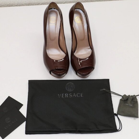 Versace Burgundy Pumps Peep Toe Patent Leather Platform Heels Size 37.5/US 7.5 - Picture 1 of 14